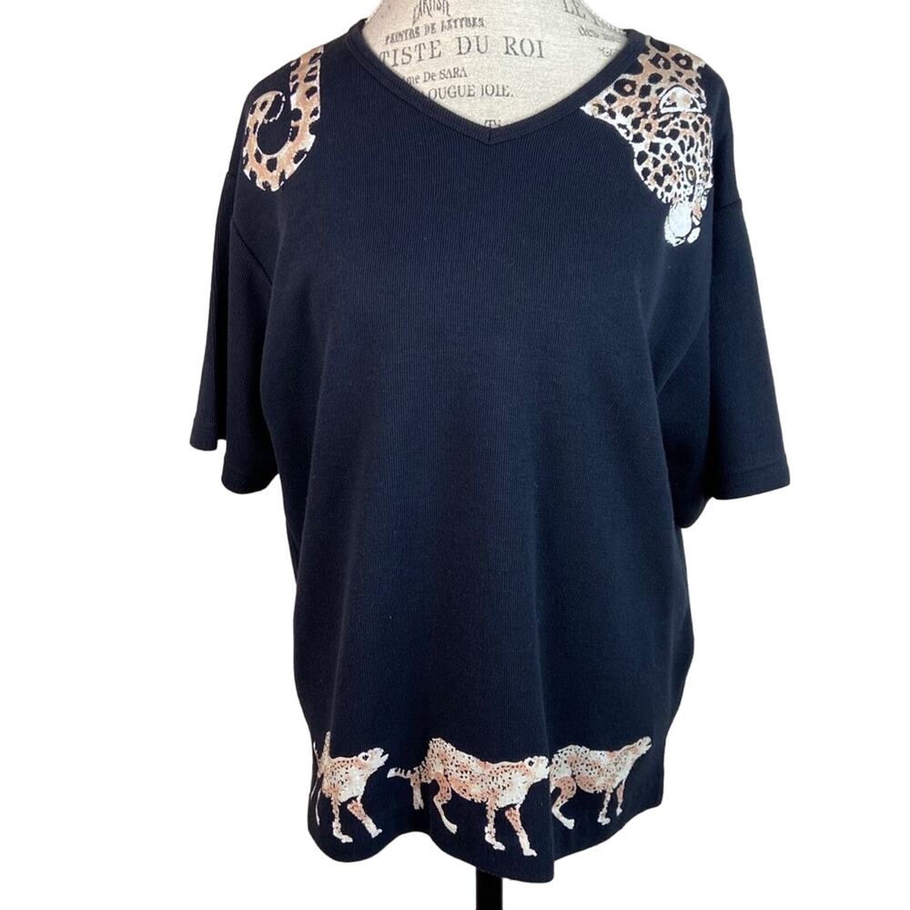 Vintage 1990s Keneth Too! Black Ribbed Chetah Graphic Print Short Sleeve Large